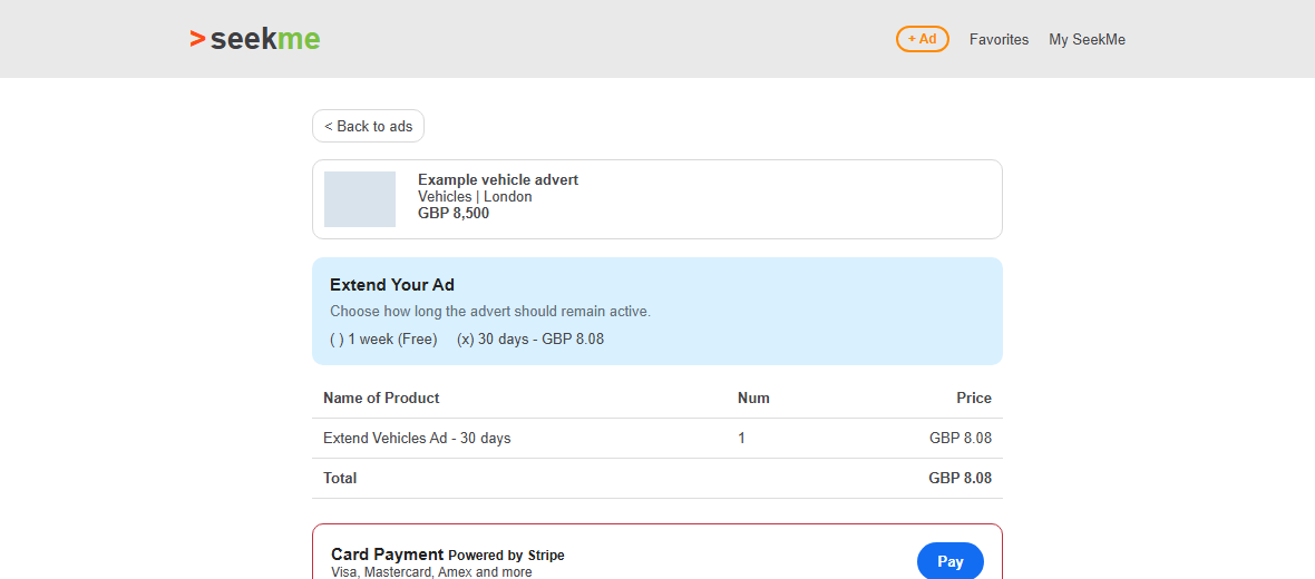 Desktop extend advert order form