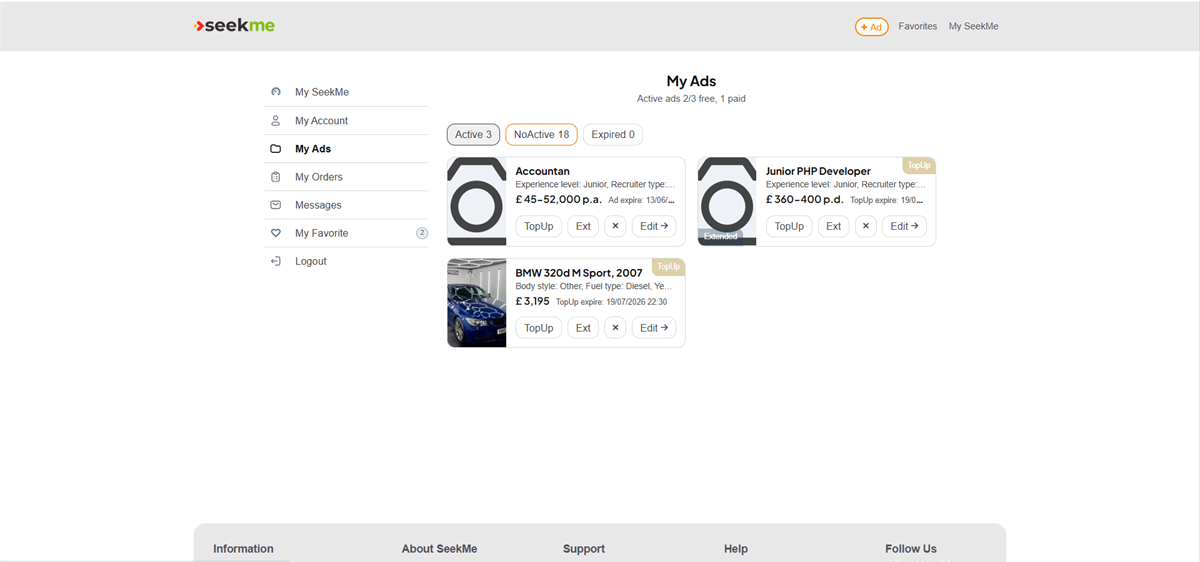 Desktop My Ads page with advert actions