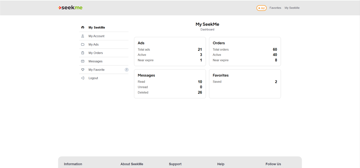 Desktop My SeekMe dashboard with My Ads option
