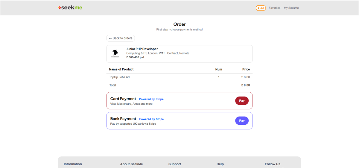 Desktop extension order detail with payment methods